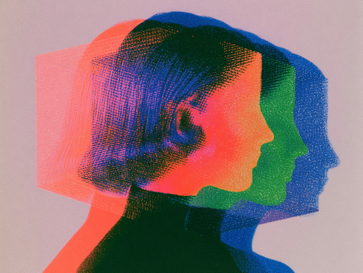 Tres retratos fusionados a través de un prisma cromático — el key visual de DAHLIA SOUNDS